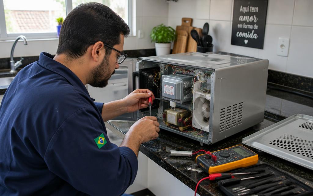 Técnico da Reparo Local fazendo conserto de forno micro-ondas em Sorocaba e região